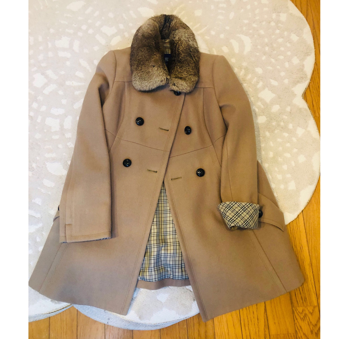 美品本物バーバリーブルーレーベル高級リアルファー付きウール混コート♫
