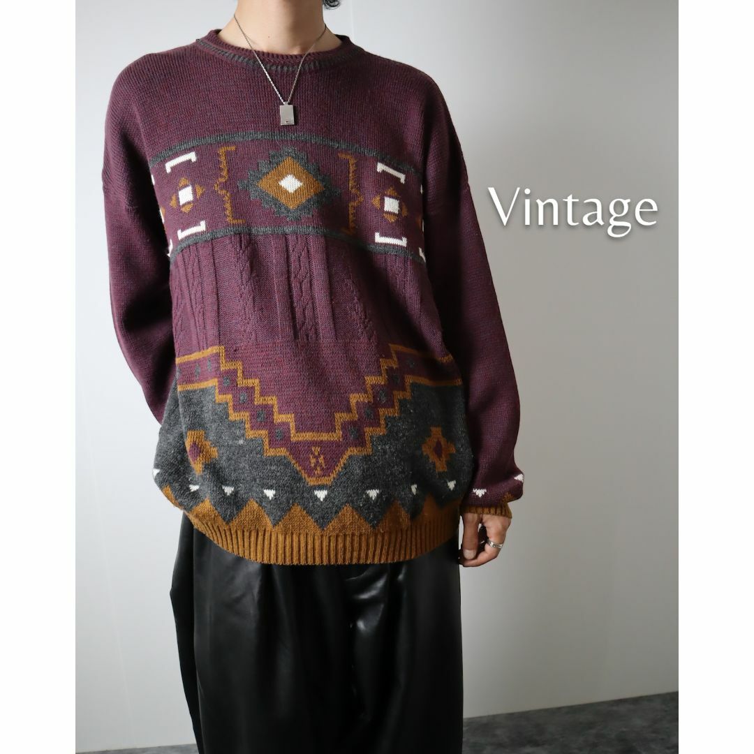 【vintage】レトロ デザイン ルーズ ニット セーター 紫 イタリア製古着屋arie✿K11