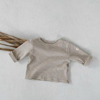★0126 ボーダーロンT ベージュ 子供服 韓国 かわいい(Tシャツ/カットソー)