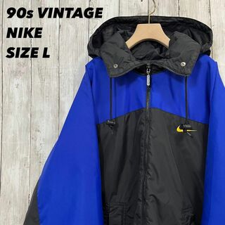 90s NIKE 刺繍ロゴ フルジップ 中綿 フード収納 ナイロンジャケット L
