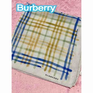 バーバリー(BURBERRY)のBurberry シルク製　大きめハンカチーフ　ライトブルー　チェック柄(ハンカチ)