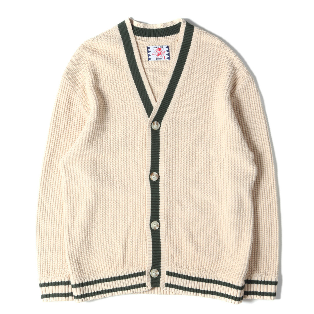 SON OF THE CHEESE サノバチーズ カーディガン サイズ:L 22SS ライン コットン ニット カーディガン Line Cardigan アイボリー グリーン シンプル カジュアル ブランド 【メンズ】【美品】