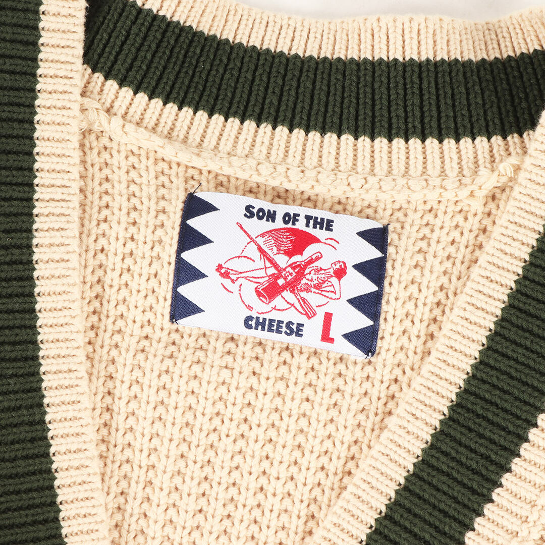 SON OF THE CHEESE サノバチーズ カーディガン サイズ:L 22SS ライン コットン ニット カーディガン Line  Cardigan アイボリー グリーン シンプル カジュアル ブランド 【メンズ】【中古】【美品】