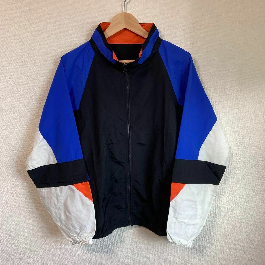 【XL】レトロ ナイロンジャケット ブルー ブラック  オーバーサイズ