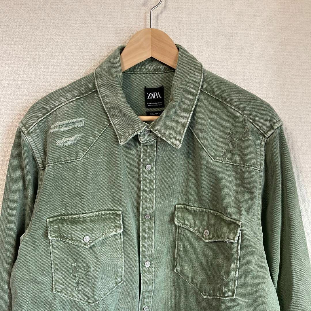 ZARAザラ デニム シャツ ジャケット クラッシュ ダメージ加工 緑　XL