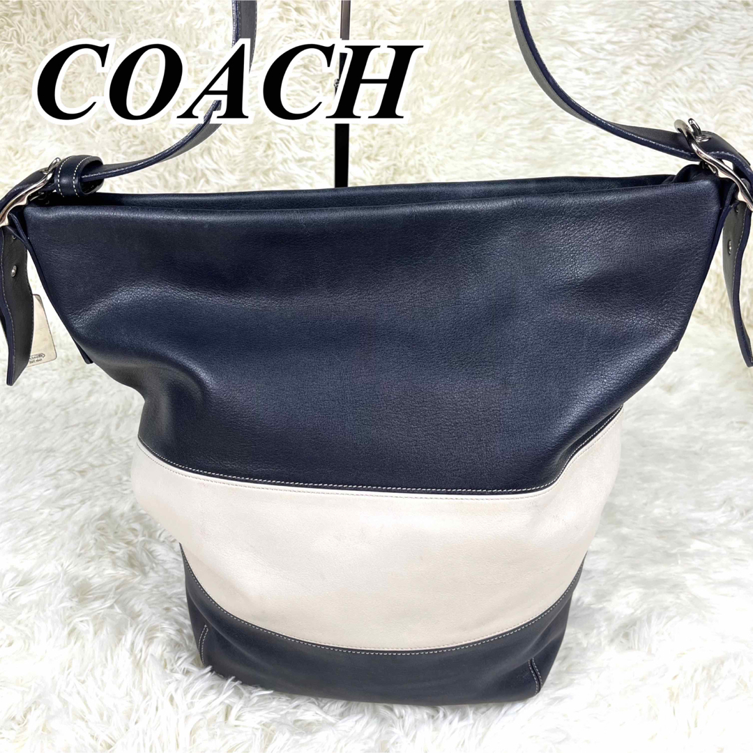 良品】COACH コーチ バケット型 ショルダーバック ホワイト ネイビー-