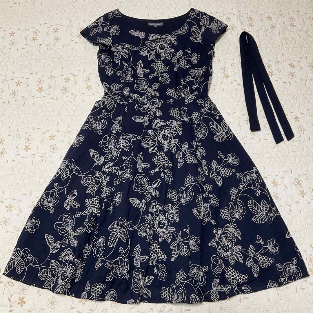 ローラアシュレイ ボタニカル刺繍 ワンピース ネイビー 11号 綿100%-