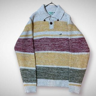 vintage】ハーフジップ 肉厚 ウール 変形 太ボーダーニット セーター-