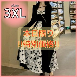 花柄 マキシ丈 ロング ワンピース 長袖 モノトーン 韓国 秋服 3XL(その他)