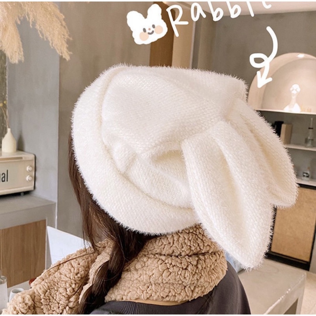 【新品･匿名配送】激かわ♡ うさ耳ニット帽 ホワイト　裏起毛　暖かい レディース レディースの帽子(ニット帽/ビーニー)の商品写真