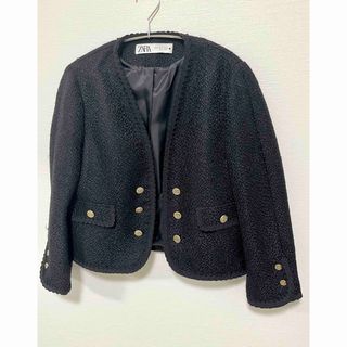 ザラ(ZARA)のZARA ツイードナポレオンジャケット　S 36黒　セットアップ可(ノーカラージャケット)