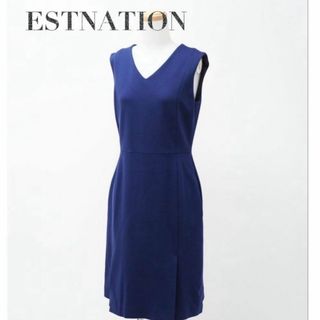 エストネーション(ESTNATION)の【極美品】エストネーション ノースリーブ ワンピース Vネック Sサイズ ブルー(ひざ丈ワンピース)