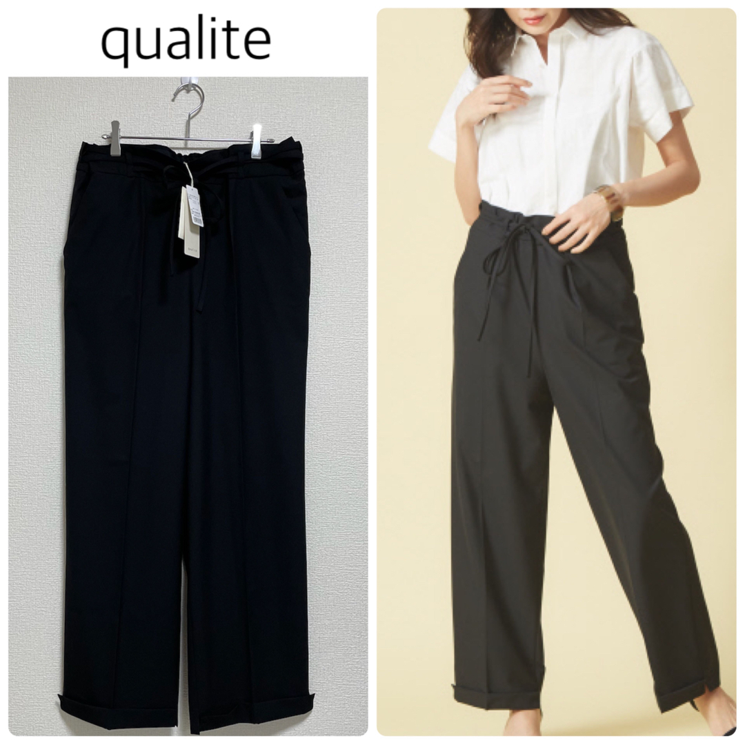 【新品タグ付】qualiteウエストリボンダブルパンツ　黒　サイズ38ema_パンツ