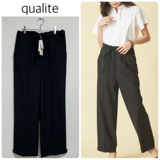 カリテ(qualite)の【新品タグ付】qualiteウエストリボンダブルパンツ　黒　サイズ38(カジュアルパンツ)