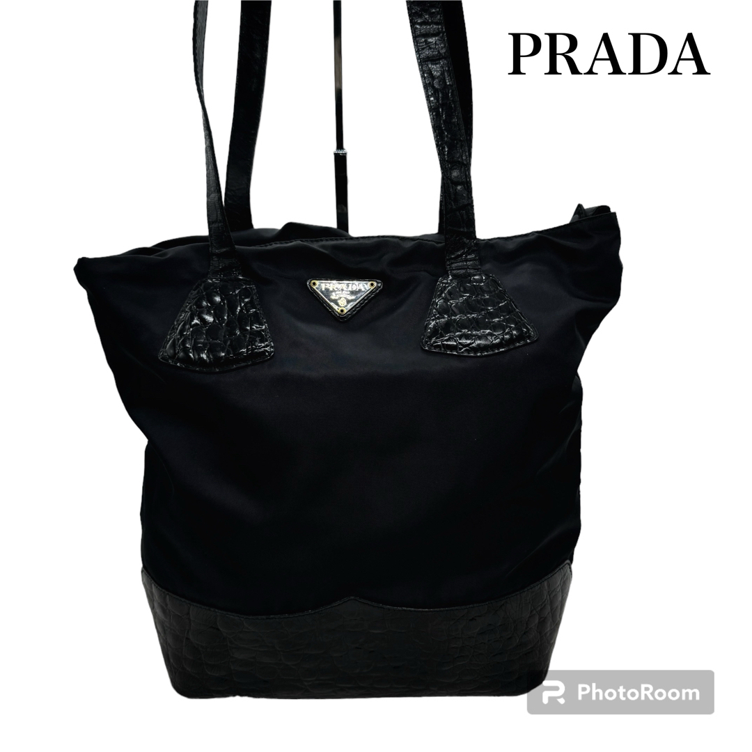 美品✨PRADA プラダ トートバッグ ナイロン×クロコ 三角ロゴ-