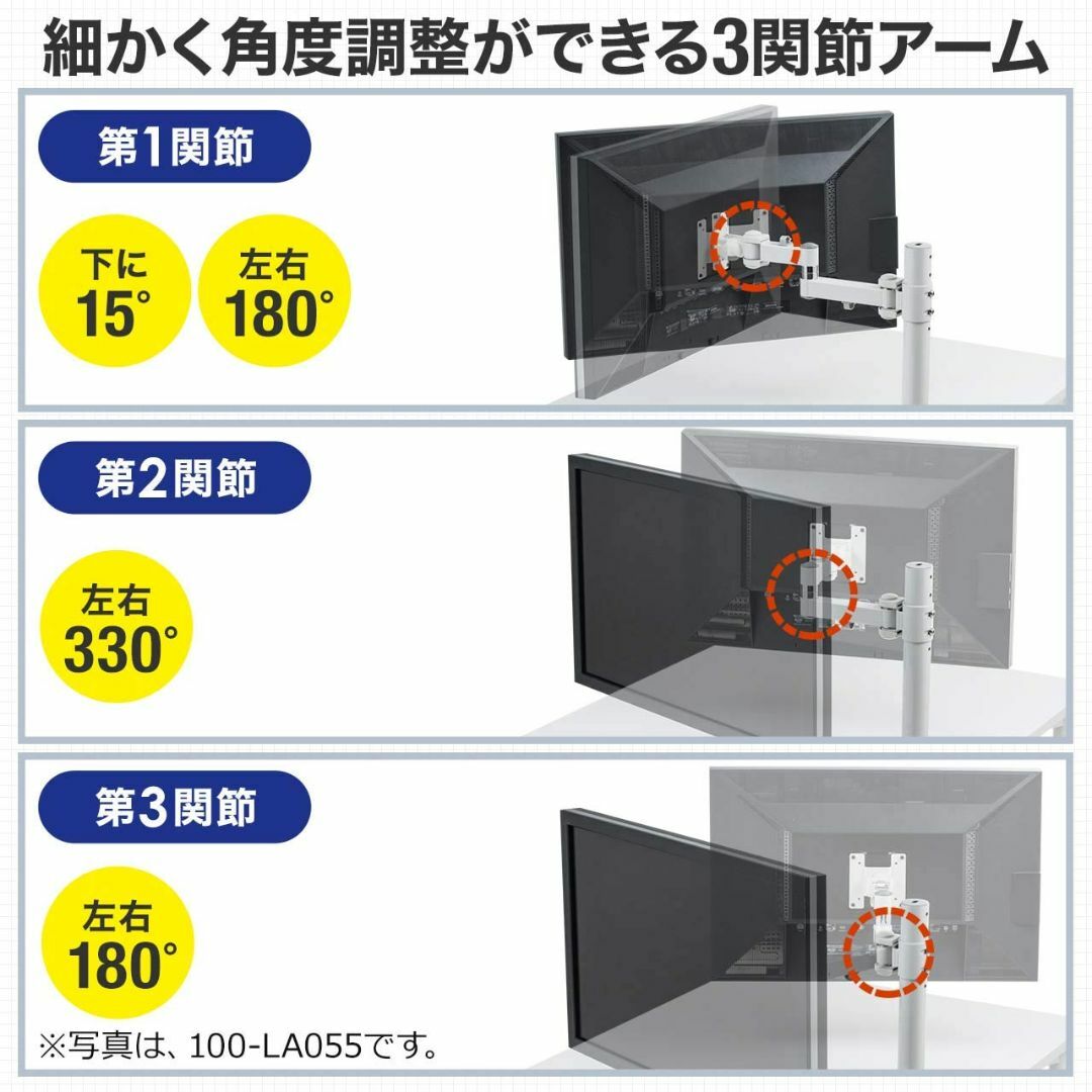 サンワダイレクト モニターアーム 43インチ対応 高耐荷20kg 水平3関節 角