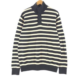 トミーヒルフィガー(TOMMY HILFIGER)の古着 トミーヒルフィガー TOMMY HILFIGER ボーダー柄 ハイネック ハーフスナップ コットンニットセーター メンズL /eaa360461(ニット/セーター)