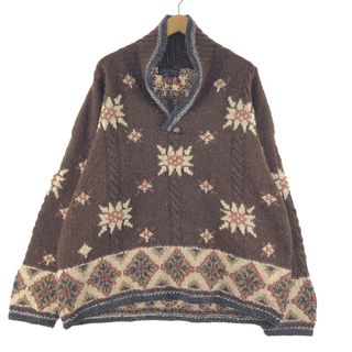 古着 LANDS END HAND KNIT 総柄 ショールカラー ウールニットセーター メンズXL /eaa344443(ニット/セーター)