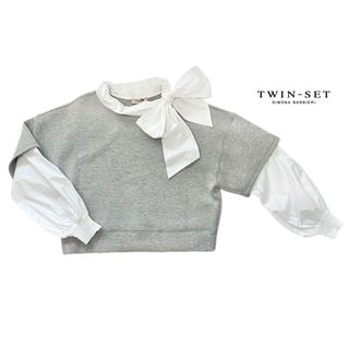 ツインセット(TWIN-SET)の新品ツインセットTWIN-SETボウタイ重ね着風スウェット　グレー#M(トレーナー/スウェット)