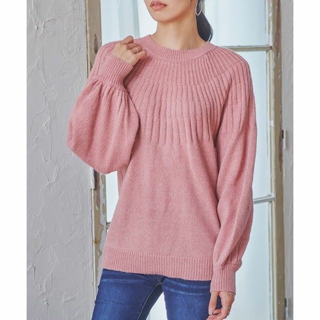 ピンク・M 　ふんわりモヘア　求心編み　ニットプルオーバー　セーター　パフ袖