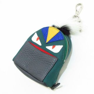 FENDI フェンディ モンスター バッグバグズ  キーホルダー 7AR466   ミンクファー レザー ビジュー グリーン×ホワイト×ブラック シルバー金具  キーリング バッグチャーム 【本物保証】