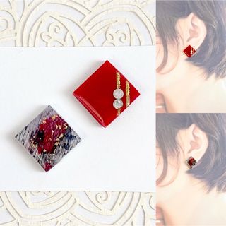 ピアス　イヤリング　パイソン柄　レッド　アシメ　スクエア　ハンドメイド(ピアス)