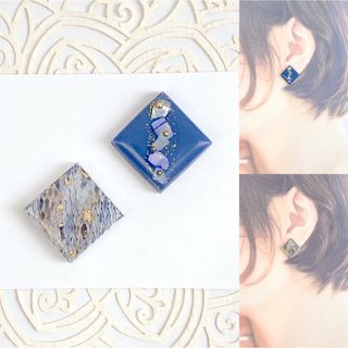 ピアス　イヤリング　パイソン柄　ブルー　シェル　アシメ　スクエア　ハンドメイド(ピアス)