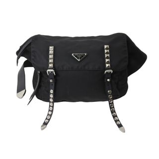 PRADA プラダ ナイロン スタッズ ショルダーバッグ ブラック トライアングルロゴ シルバー金具 黒 レザー 中古 55554