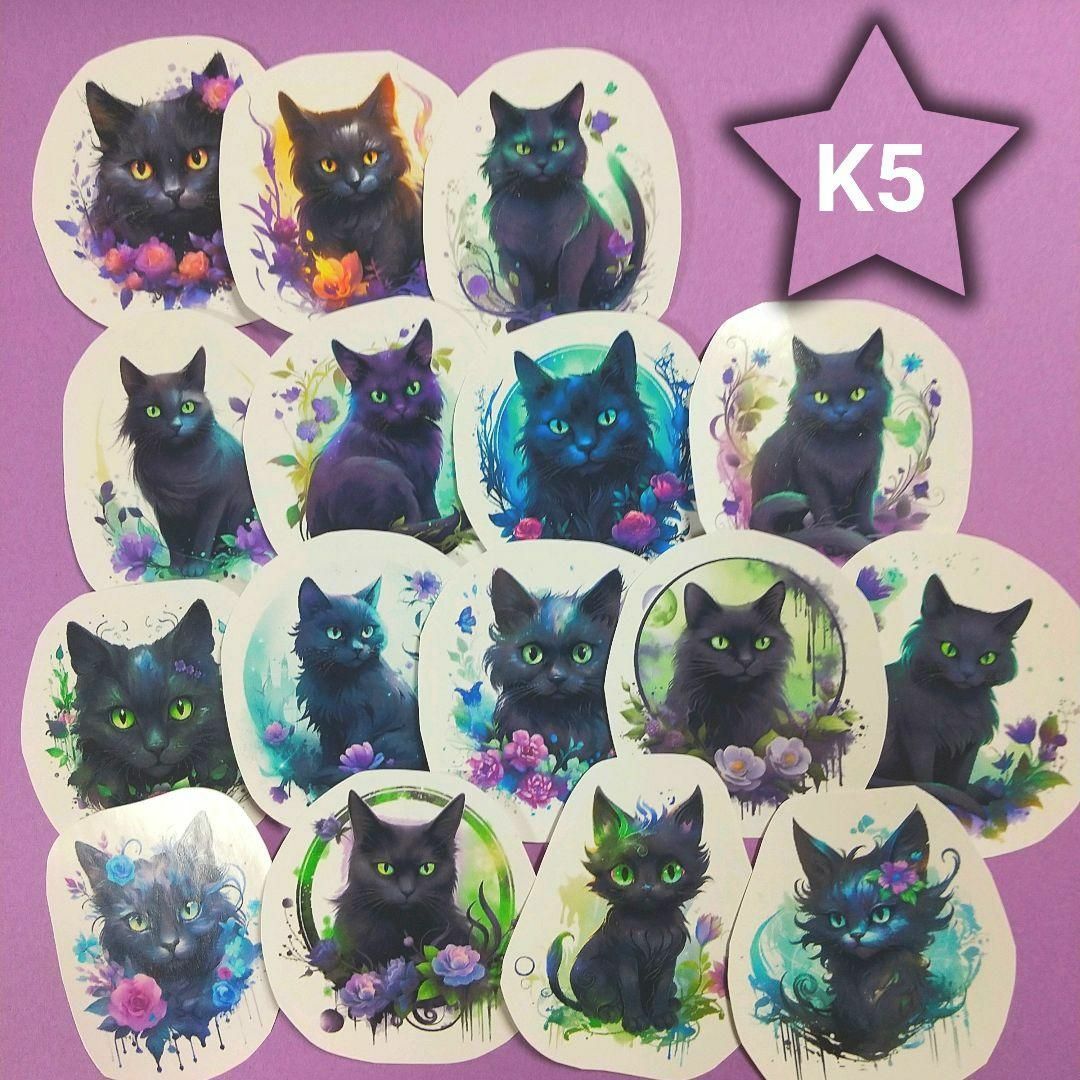 K5 黒猫フラワー パープル 光沢シール ハンドメイドの文具/ステーショナリー(しおり/ステッカー)の商品写真