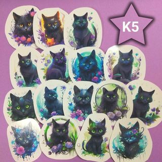 K5 黒猫フラワー パープル 光沢シール(しおり/ステッカー)