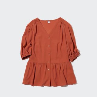 ユニクロ(UNIQLO)のUNIQLO Vネックボリュームスリーブブラウス（半袖）　オレンジ(シャツ/ブラウス(半袖/袖なし))