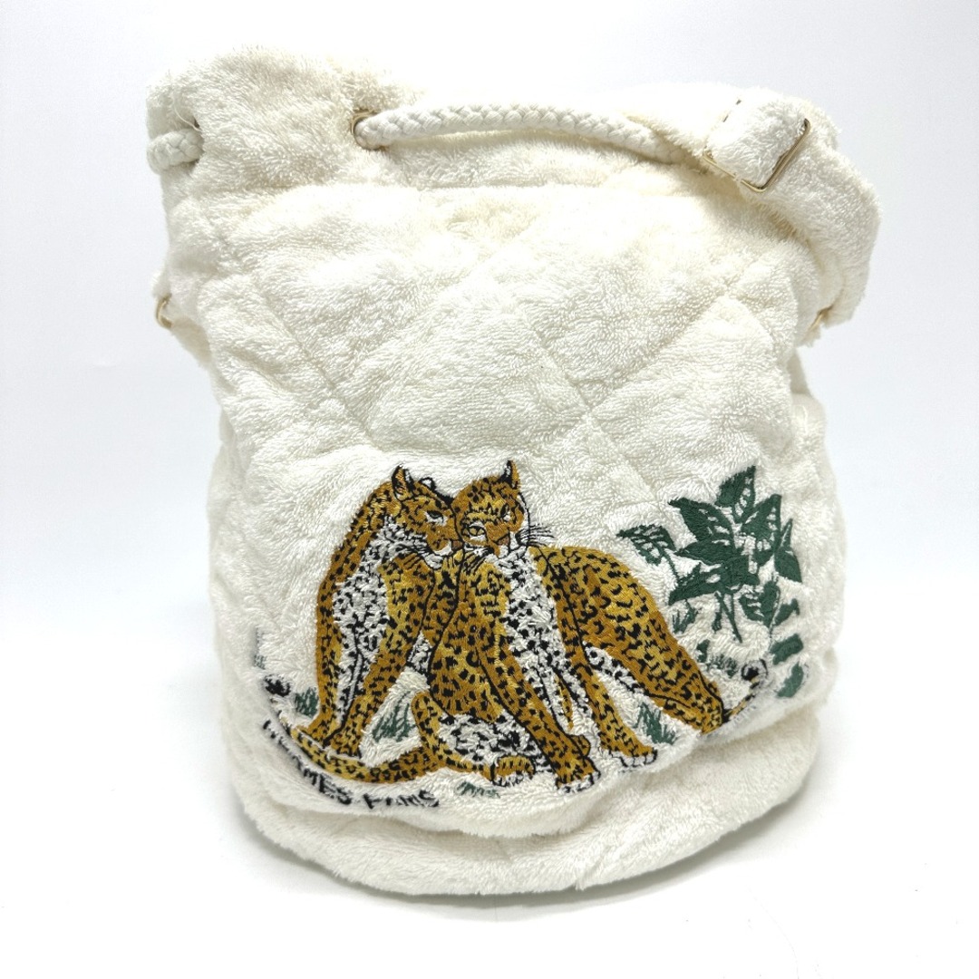 エルメス HERMES タイガー 巾着 刺繍 トラ 虎 カバン 肩掛け ショルダーバッグ パイル ホワイト