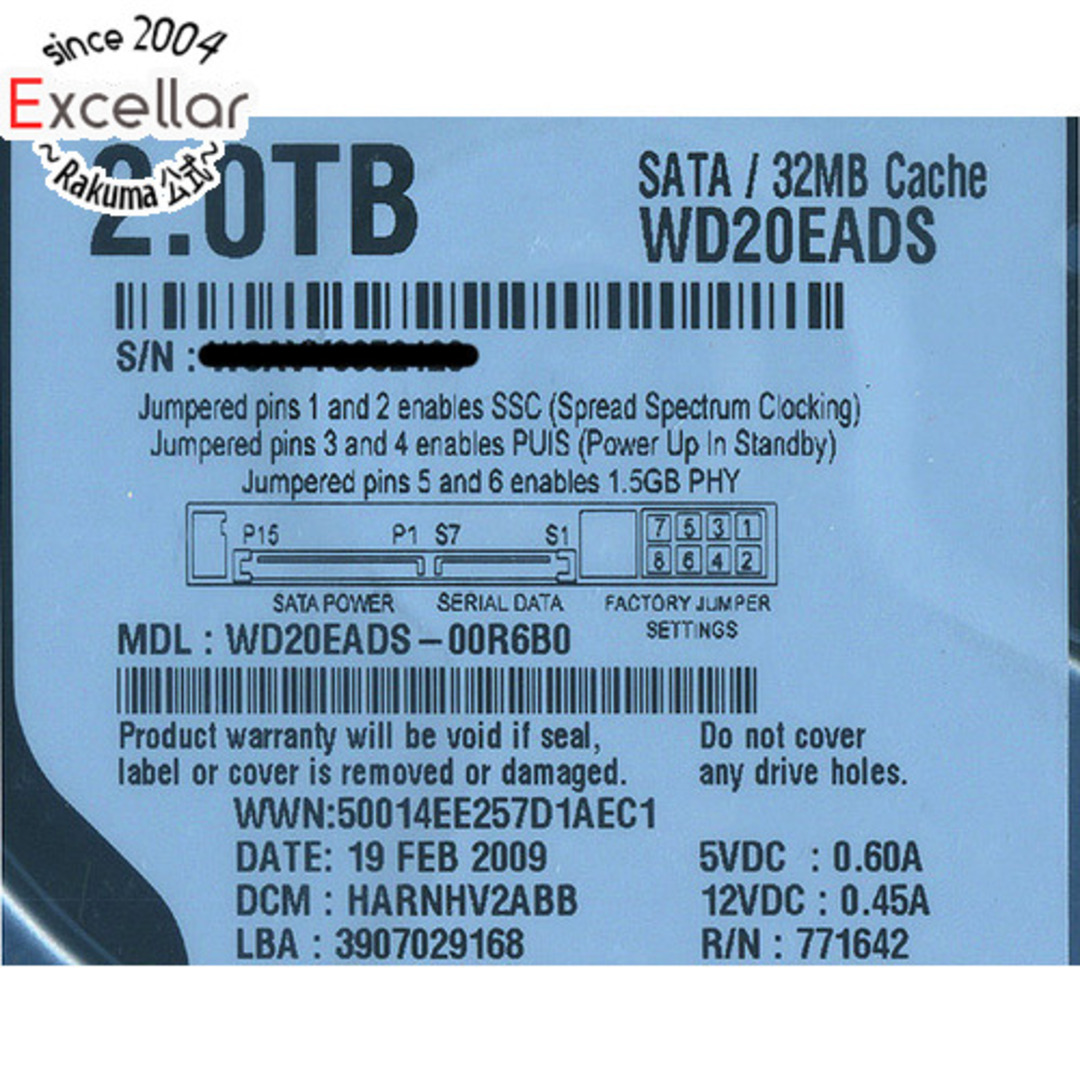 Western Digital製HDD　WD20EADS　2TB SATA300　3000～4000時間以内