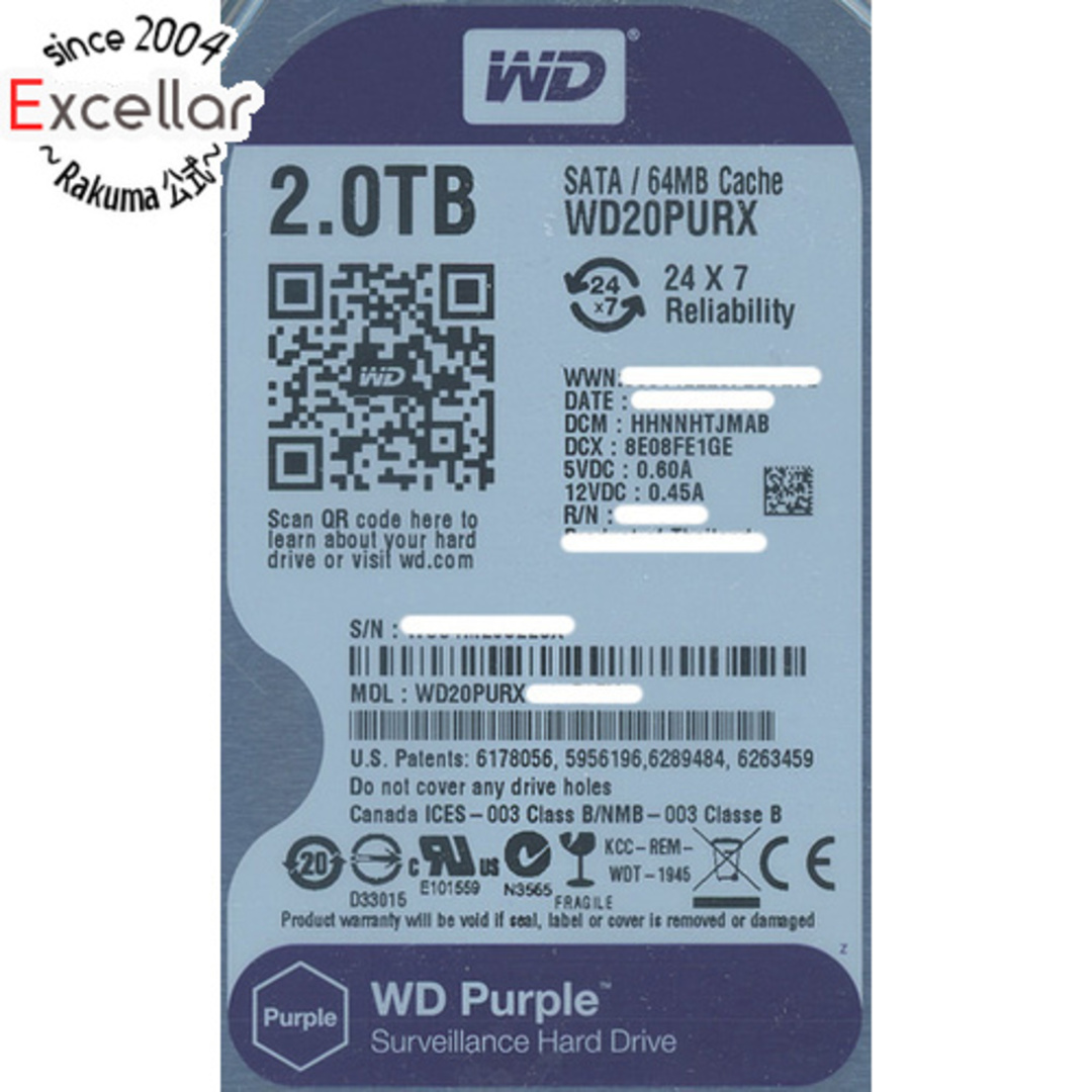 Western Digital製HDD　WD20PURX　2TB SATA600　7000～8000時間以内