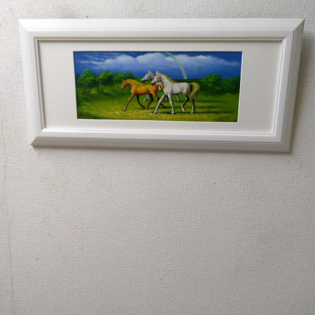 最新のデザイン 肉質油絵 横 特寸法 三頭馬 笠野大介 額装仕上げ品 絵画+タペストリー