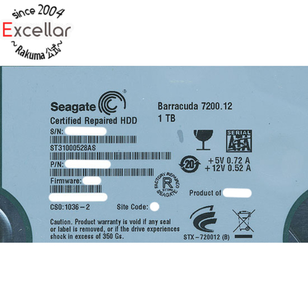 SEAGATE製HDD　ST31000528AS　1TB SATA300 7200　3000～4000時間以内
