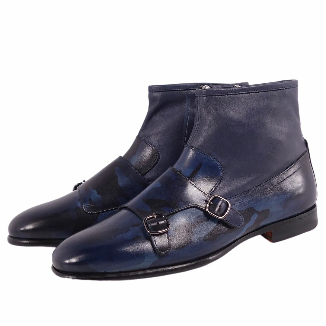 Santoni(サントーニ)の未使用 サントーニ Santoni ブーツ アンクルブーツ ダブルモンクストラップ 迷彩柄 カーフレザー シューズ メンズ 6.5(25.5cm相当) ネイビー メンズの靴/シューズ(ブーツ)の商品写真