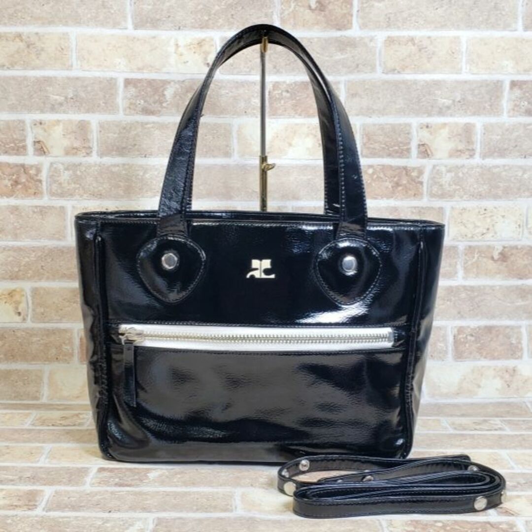 クレージュ ☆ エナメルレザー 2WAY トートバッグ 底鋲付 A4 ブラック