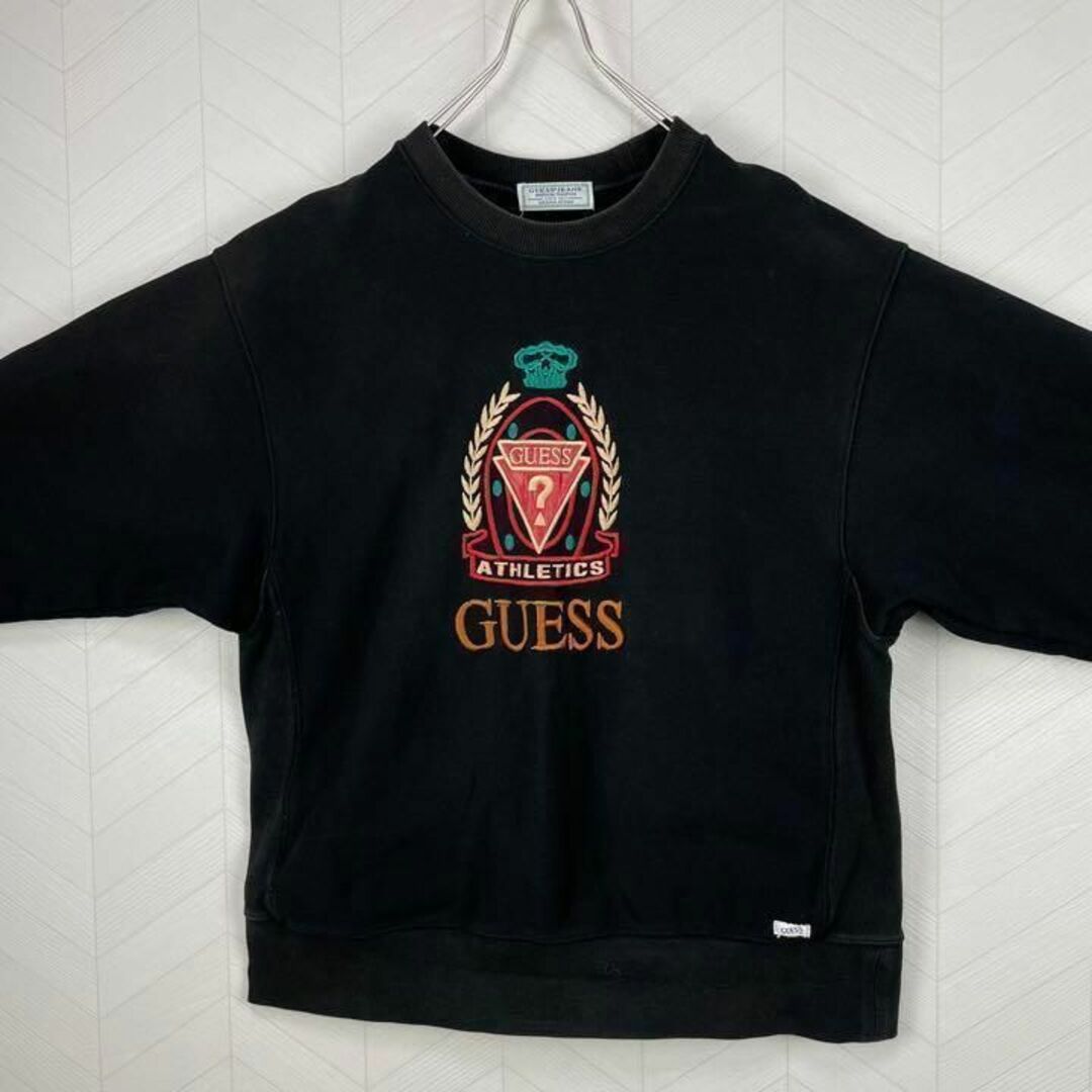 激レア GUESS オーバーサイズ トレーナー 肉厚 刺繍ロゴ 極太アーム 墨黒-