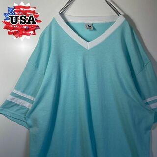 【USA IMPORT❗️】90s 2XL水色リンガー　リブ付きビッグシルエット(Tシャツ/カットソー(半袖/袖なし))