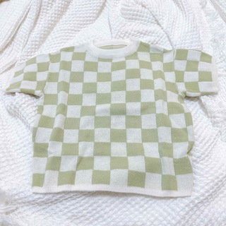 新品 チェック 80cm 市松模様 くすみグリーン 半袖 セーター ニット (シャツ/カットソー)