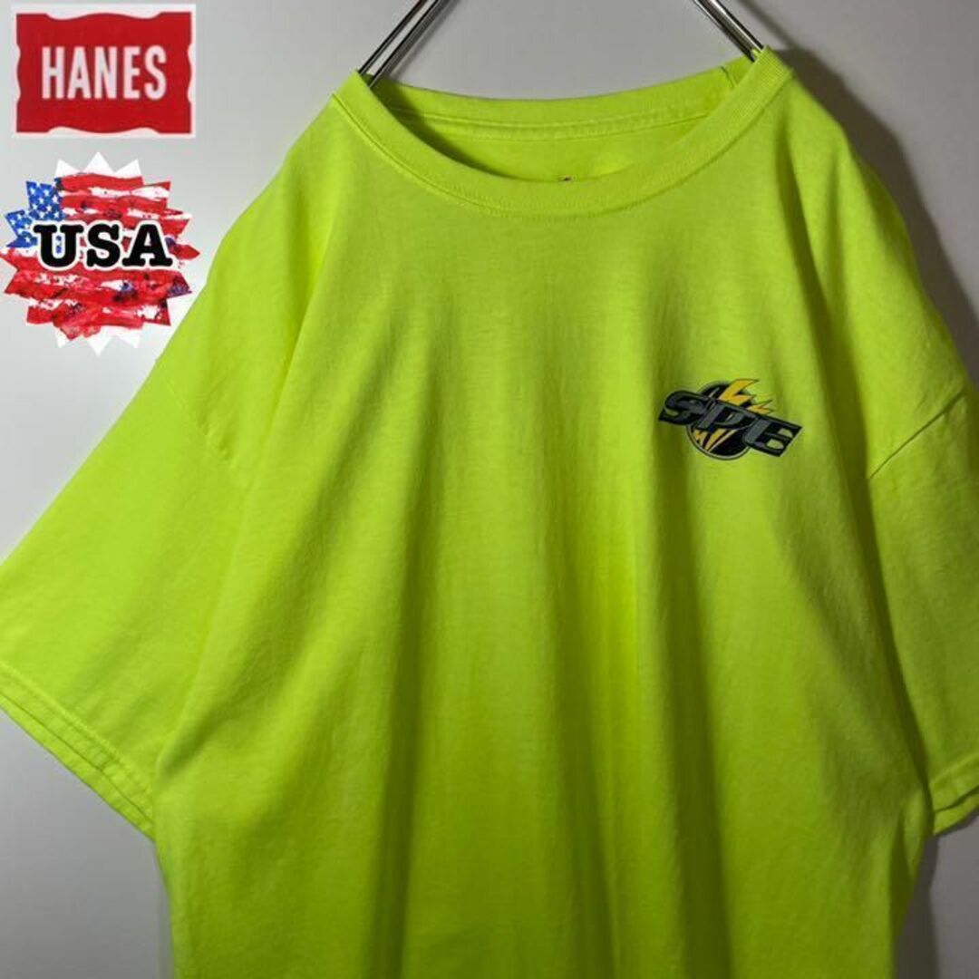 Hanes(ヘインズ)の【アメリカ古着❗️】ヘインズ　黄緑　蛍光　プリントロゴTシャツ　XLビッグサイズ メンズのトップス(Tシャツ/カットソー(半袖/袖なし))の商品写真