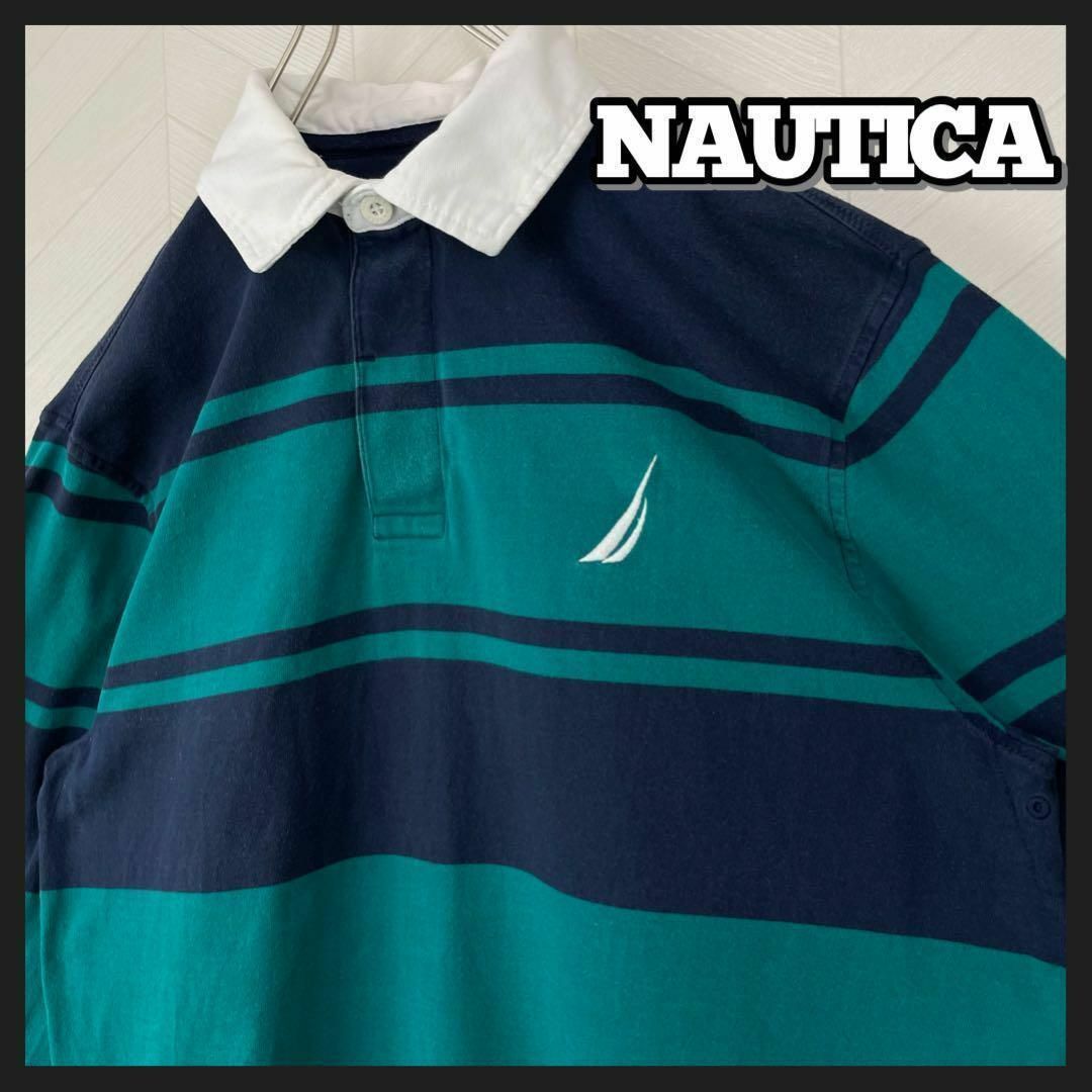 00s NAUTICA ノーティカ ポロシャツ 長袖 ネイビー ボーダー - ポロシャツ