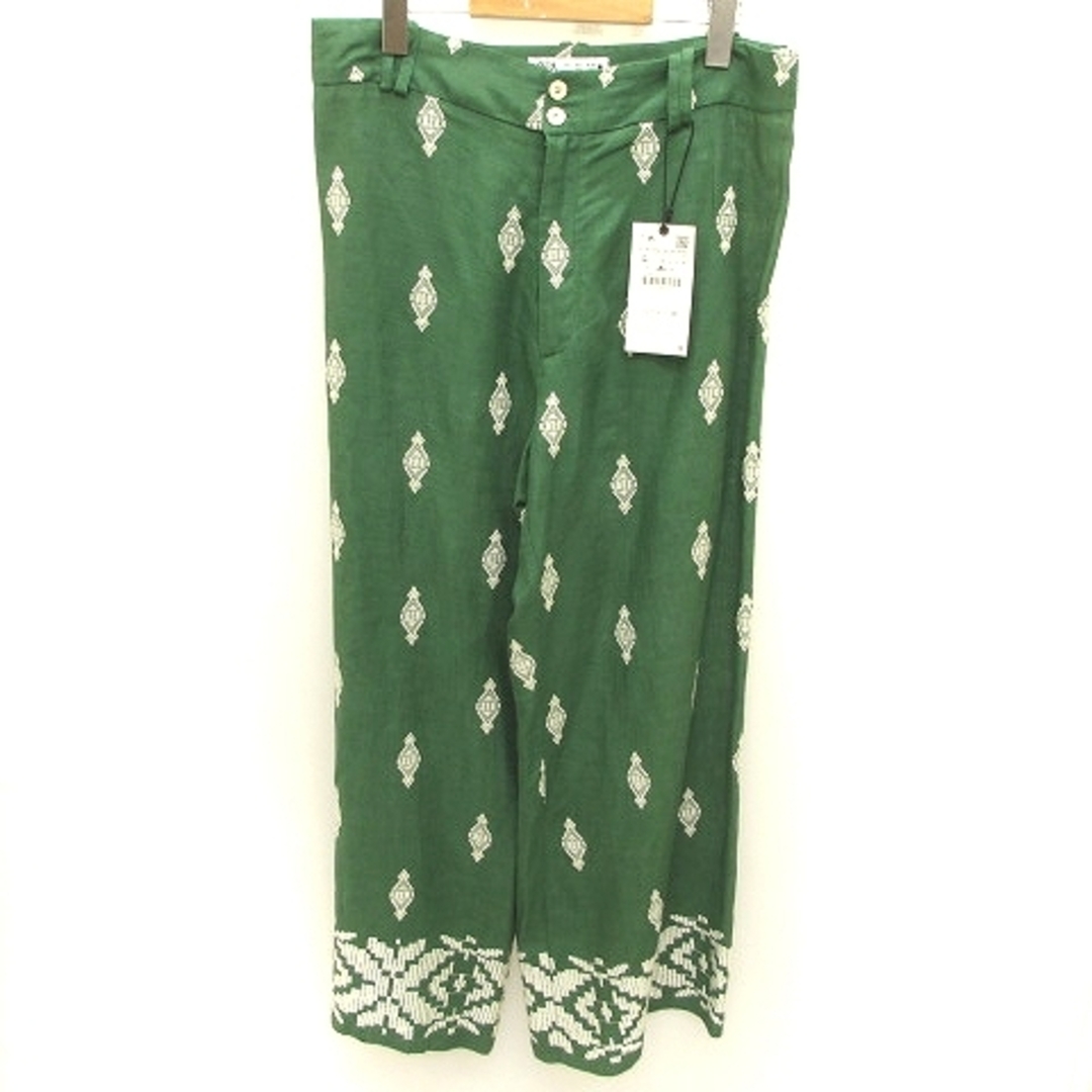 ZARA(ザラ)のザラ ZARA タグ付き 刺繍 ワイドパンツ ジッパーフライ  緑系 L レディースのパンツ(その他)の商品写真
