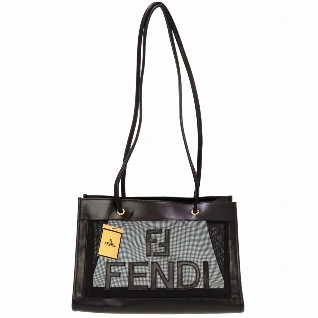 美品 フェンディ メッシュ ロゴ レザー ブラック トートバッグ バッグ 黒 0142  FENDI