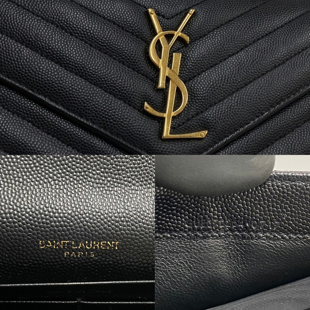 極 美品 SAINT LAURENT PARIS サンローランパリ YSL モノグラムフラップウォレット カサンドラ ロゴ レザー 本革 長財布  ブラック 105-7