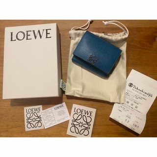 美品★LOEWE ロエベ 三つ折財布 リネン アナグラム レザー ブルー 青