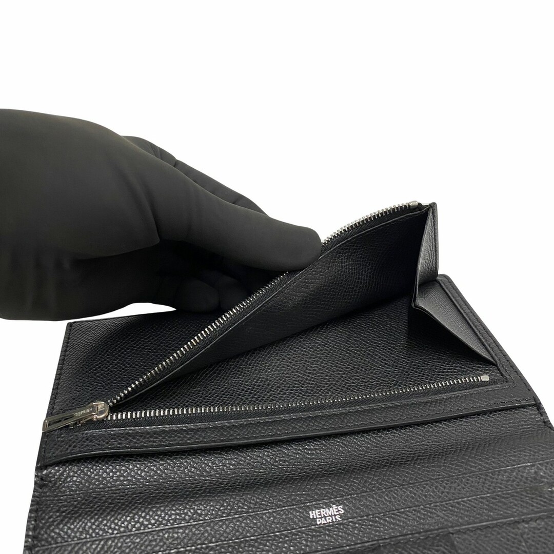 極 美品 □I刻印 HERMES エルメス ベアン スフレ ヴォーエプソン レザー 本革 二つ折り 長財布 ウォレット ブラック 黒 0930kmd954-2