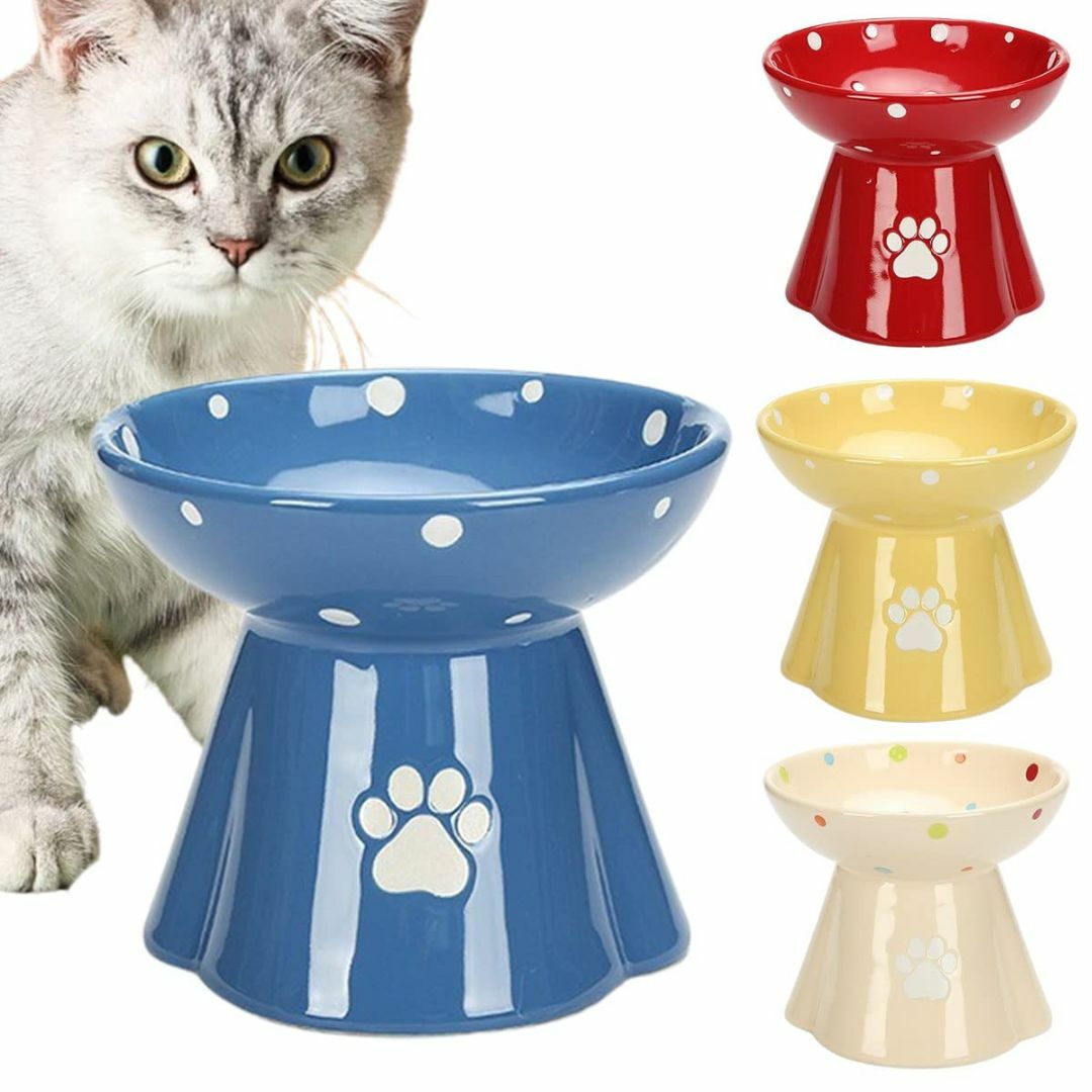 【色: ブルー】iikuru 猫 フードボウル 陶器 ネコ 餌入れ 皿 ペット