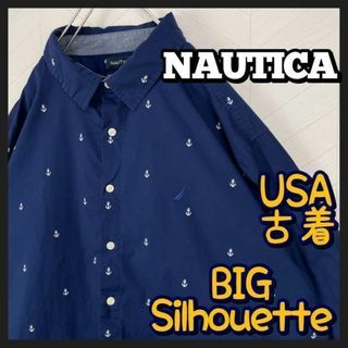 ノーティカ(NAUTICA)のUSA古着 ノーティカ シャツ 総柄 イカリ 刺繍ロゴ オーバーサイズ 長袖 紺(シャツ)